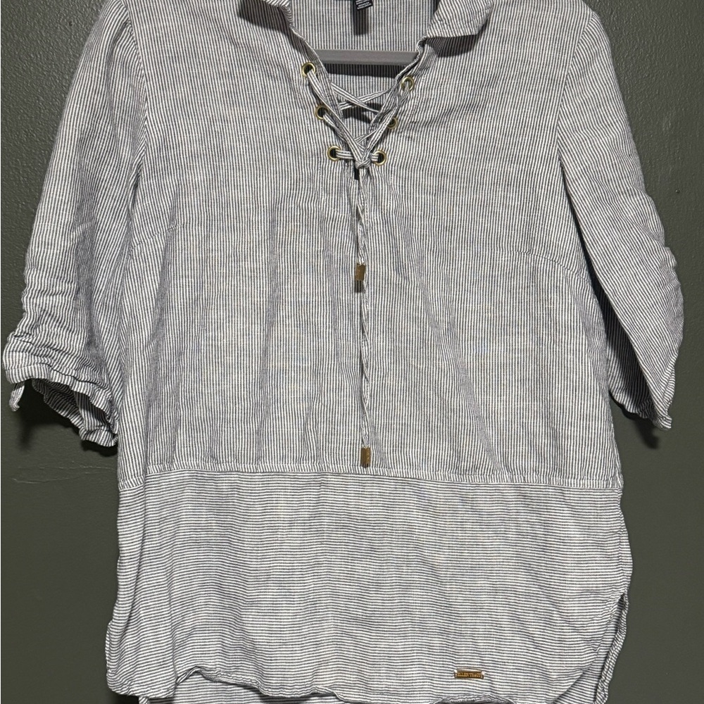 Ellen Tracy Gray Cuffed Sleeve Blouse with Tie Front